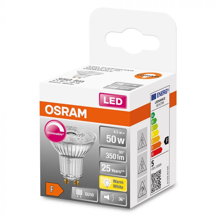 Лампа OSRAM LED GU10 4.5Вт 2700К 350Лм PAR16 димується STAR