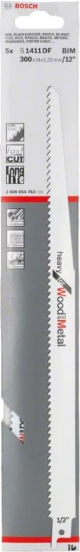 Полотно пиляльне для шабельної пилки Bosch по дереву та металу, S 1411 DF, 6TPI, 5шт