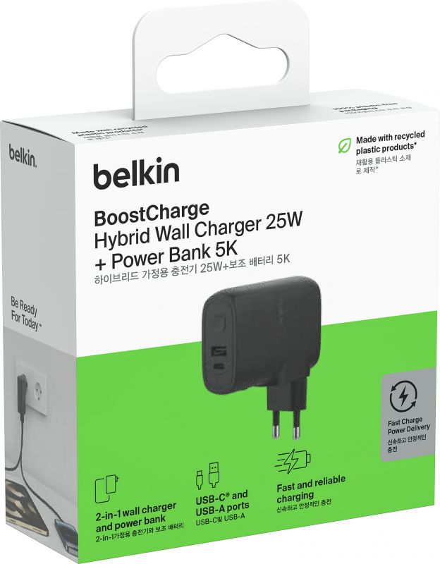 Зарядний пристрій мережевий Belkin 25Вт USB-С PD, PowerBank 5000мА·год, кабель USB-C > USB-C, 1м, чорний