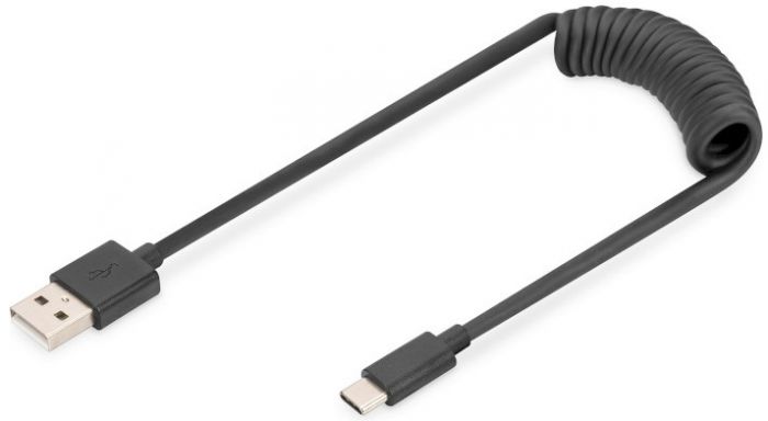 Кабель USB-C > USB-A заряджання/синхронізації, DIGITUS, 1м, Type-C, спіральний, чорний