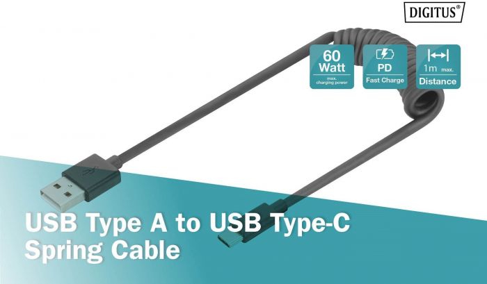 Кабель USB-C > USB-A заряджання/синхронізації, DIGITUS, 1м, Type-C, спіральний, чорний