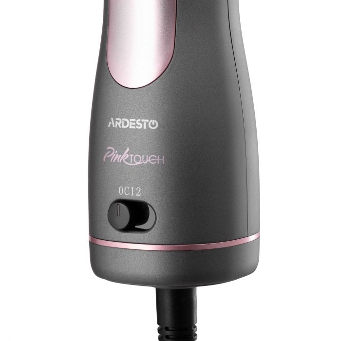 Фен-щітка ARDESTO Brush Pink Touch, 1200Вт, 2 швидкості, 2 темп. режими, LED-дисплей, функція іонізації , 4 насадки, сірий+ рожевий
