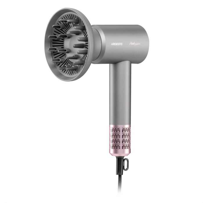 Фен ARDESTO Pink Touch, 1600Вт, 2 швидкості, 3темп.режими, іонізація, дифузор, магнітні насадки, сірий+рожевий