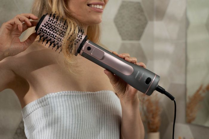 Фен-щітка ARDESTO Brush Pink Touch, 1200Вт, 2 швидкості, 2 темп. режими, LED-дисплей, функція іонізації , 4 насадки, сірий+ рожевий