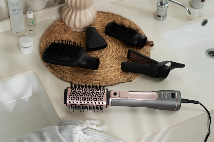 Фен-щітка ARDESTO Brush Pink Touch, 1200Вт, 2 швидкості, 2 темп. режими, LED-дисплей, функція іонізації , 4 насадки, сірий+ рожевий