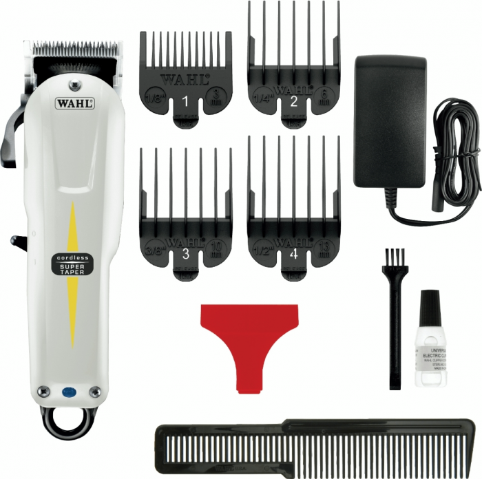 Машинка для стрижки WAHL Super Taper Cordless, акум., роторний мотор, насадок-4, гребінець, олія в компл, сталь, білий