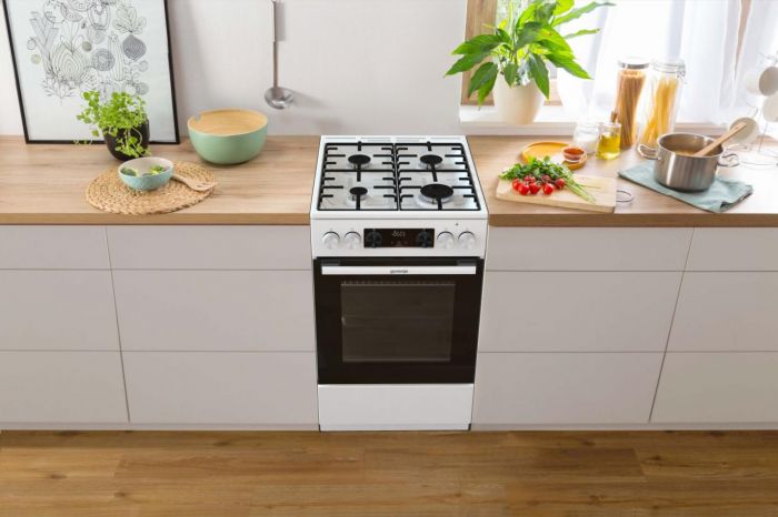 Плита Gorenje комбінована, 62л, 50x60см, дисплей, IconLed, емальовані, білий