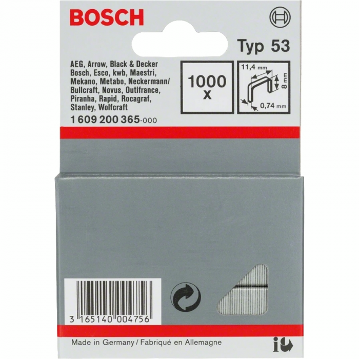 Скоби металеві Bosch, тип 53, 8х11.4х0.74мм, 1000шт