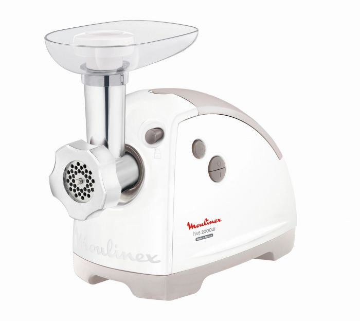 М'ясорубка Moulinex, 2000Вт, 2.6кг/хв, 3 решітки, насадка для ковбас, кеббе, 5 терок, пластик, біло-сірий
