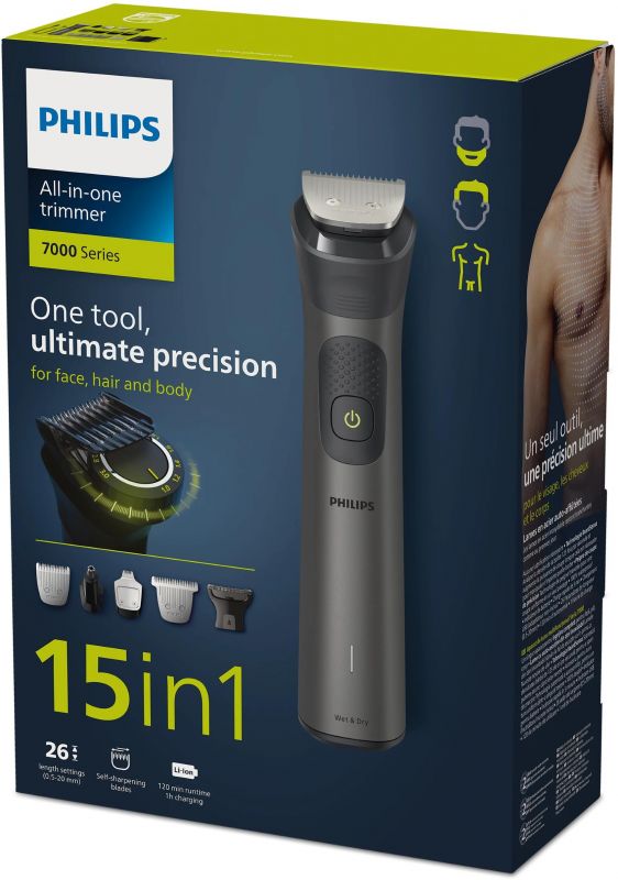 Тример Philips Series 7000, для обличчя, голови, тіла, акум., насадок-15, сталь, cсіро-чорний