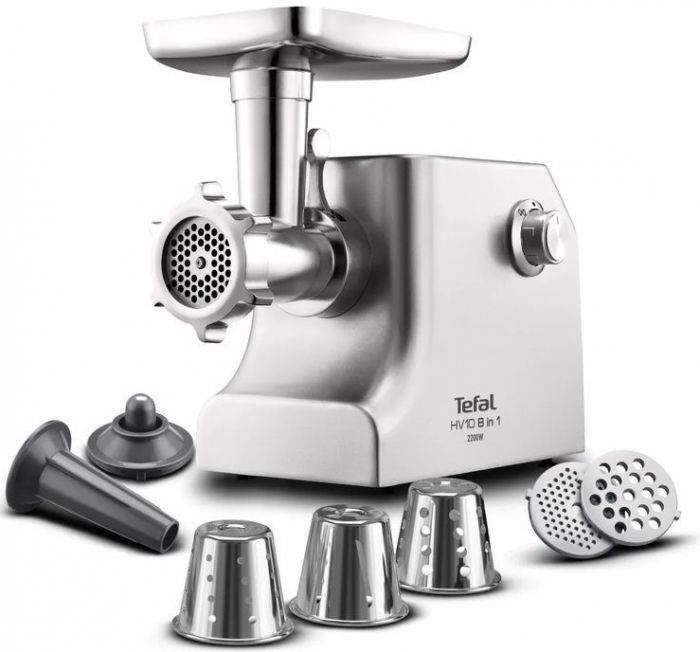М'ясорубка Tefal HV10 8in1, 2200Вт, 5.5кг/хв, 3 решітки, насадка для ковбас, кеббе, 3 терки, метал