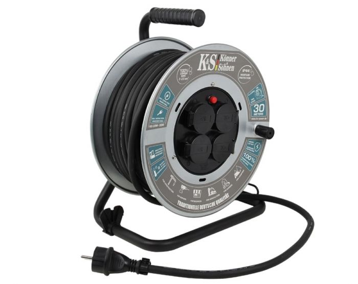 Подовжувач мережевий Konner&Sohnen KS CRM-30M, 30м, 4xТипF, 16A, на котушці, чорний