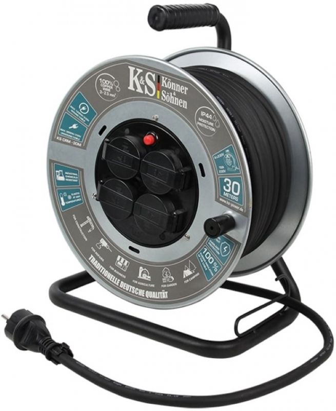 Подовжувач мережевий Konner&Sohnen KS CRM-30M, 30м, 4xТипF, 16A, на котушці, чорний