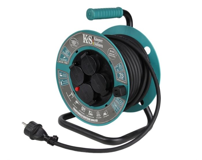 Подовжувач мережевий Konner&Sohnen KS CR-15M, 15м, 4xТипF, 16A, на котушці, чорний