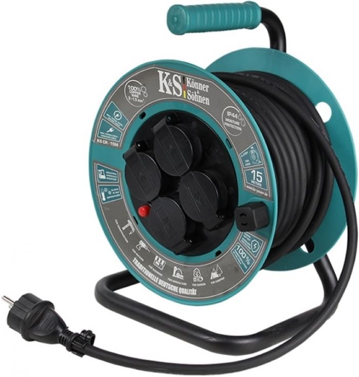Подовжувач мережевий Konner&Sohnen KS CR-15M, 15м, 4xТипF, 16A, на котушці, чорний