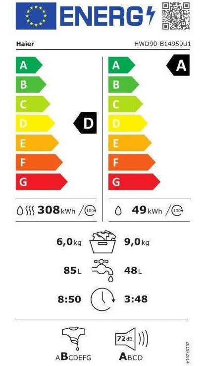 Прально-сушильна машина Haier фронтальна, 9(6)кг, 1400, A, 60см, дисплей, пара, інвертор, люк чорний, прямий привід, білий