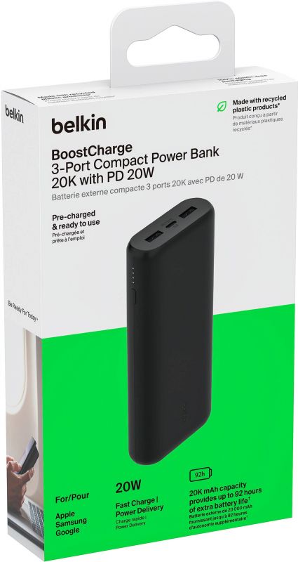 Акумулятор портативний літій-іонний Power Bank Belkin 20000мА·год, 20Вт, 2хUSB-A/USB-C, чорний