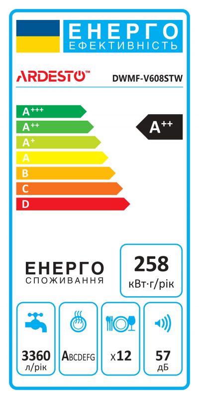 Посудомийна машина ARDESTO, 12компл., А++, 60см, дисплей, обробка парою, білий