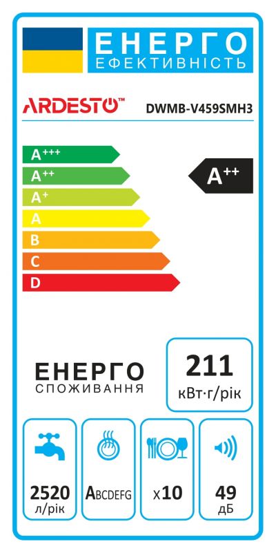 Посудомийна машина ARDESTO вбудовувана, 10компл., А++, 45см, дисплей, 3й кошик, гігієн.обробка, білий