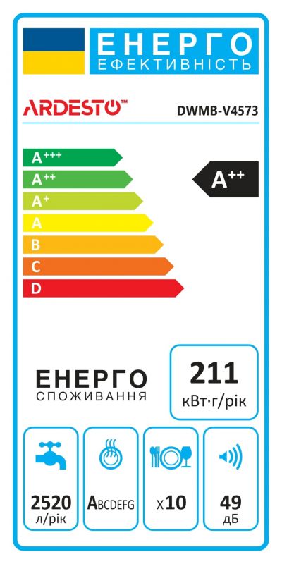 Посудомийна машина ARDESTO вбудовувана, 10компл., А++, 45см, 3й кошик, білий