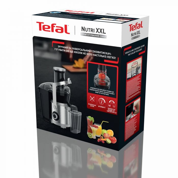 Соковитискач Tefal Nutri XXL відцентрований 1000Вт, чаша-0.8л, жмих-2.2л, жолоб на ціле яблуко, пластик/метал, чорний-нержавіюча сталь