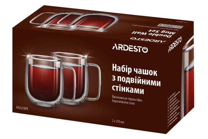 Набір чашок з ручками і подвійними стінками Ardesto, 250мл, 2шт, боросилікатне скло, прозорий