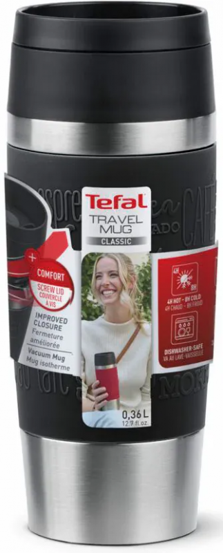 Термочашка Tefal Travel Mug Classic, 360мл, нержавіюча сталь, чорний