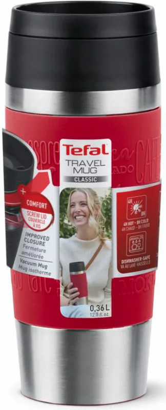 Термочашка Tefal Travel Mug Classic, 360мл, нержавіюча сталь, червоний