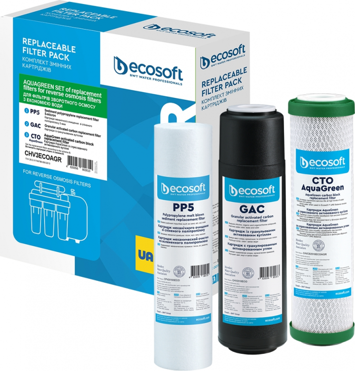 Комплект картриджів Ecosoft 1-2-3 для осмосу Absolute (поліпропілен+GAC+AquaGreen)