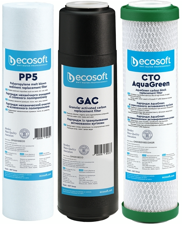 Комплект картриджів Ecosoft 1-2-3 для осмосу Absolute (поліпропілен+GAC+AquaGreen)