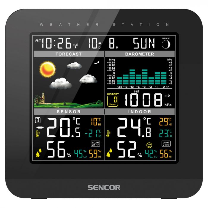 Метеостанція Sencor, внутр/зовн вимірювання, від мережі/AAAх3+AAx2, темп-ра, вологість, час, прогноз погоди, атмосферний тиск, чорний