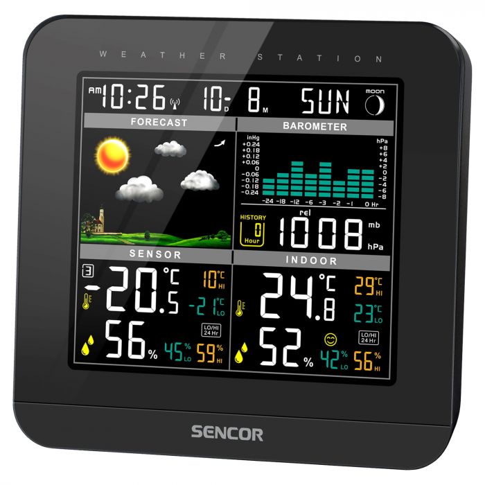 Метеостанція Sencor, внутр/зовн вимірювання, від мережі/AAAх3+AAx2, темп-ра, вологість, час, прогноз погоди, атмосферний тиск, чорний