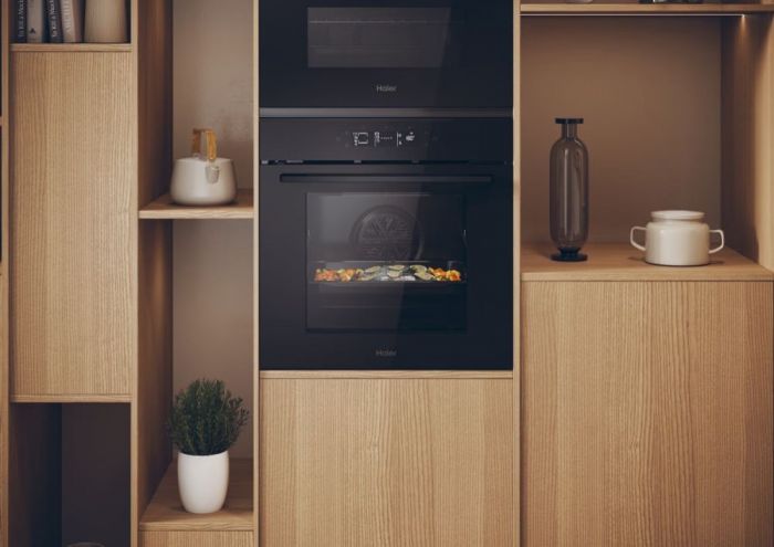 Духова шафа Haier електрична, 70л, A++, дисплей, конвекція, піроліз, телескопічні напрямні, чорний