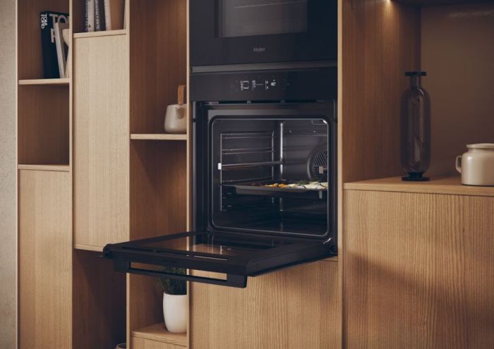 Духова шафа Haier електрична, 70л, A++, дисплей, конвекція, піроліз, телескопічні напрямні, чорний