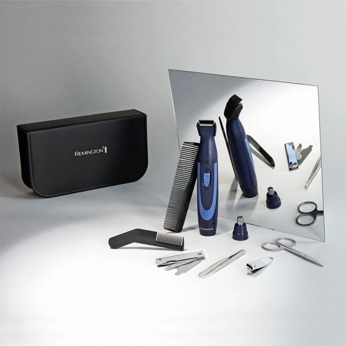 Набір дорожній Remington TRAVEL KIT, для бороди, вусів, носа та вух, насадок-3, чохол, гребінець, пінцет, кусачки, ножиці, сталь, чорно-синій