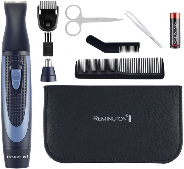 Набір дорожній Remington TRAVEL KIT, для бороди, вусів, носа та вух, насадок-3, чохол, гребінець, пінцет, кусачки, ножиці, сталь, чорно-синій