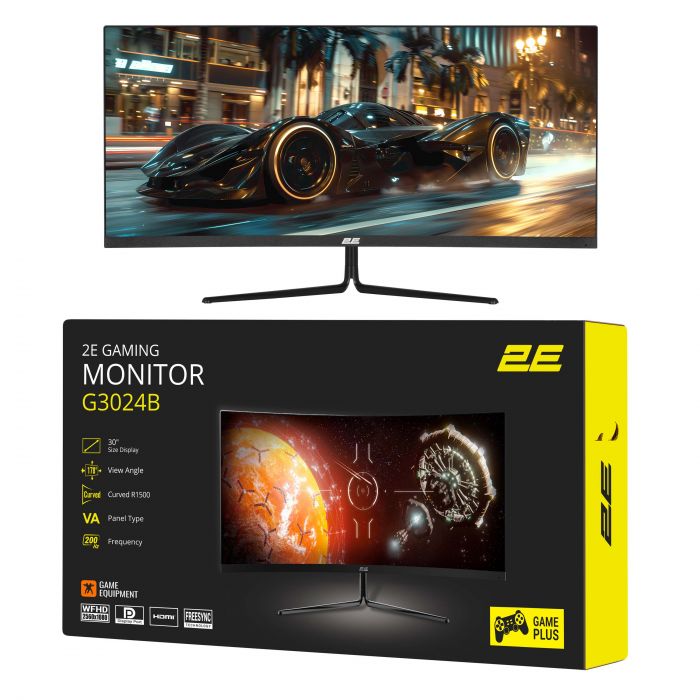 Монітор 2E GAMING 30" G3024B 2xHDMI, DP, Audio, VA, 2560x1080, 21:9, 200Hz, 1ms, CURVED, FreeSync