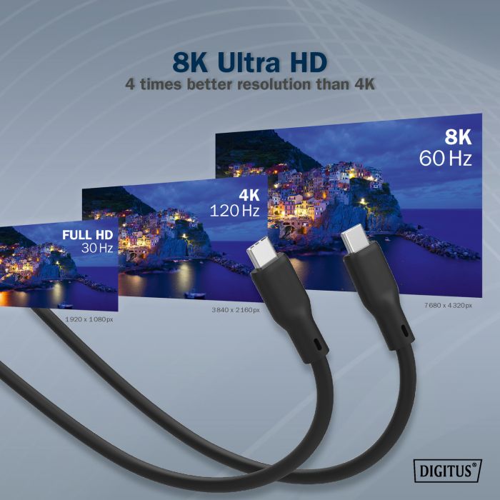 Кабель USB-C заряджання/синхронізації, DIGITUS, 2м, USB 4.0 Gen2, 20G, 240W, 8K, силіконовий, чорний