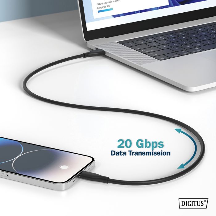 Кабель USB-C заряджання/синхронізації, DIGITUS, 2м, USB 4.0 Gen2, 20G, 240W, 8K, силіконовий, чорний