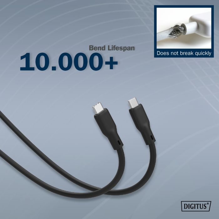 Кабель USB-C заряджання/синхронізації, DIGITUS, 2м, USB 4.0 Gen2, 20G, 240W, 8K, силіконовий, чорний