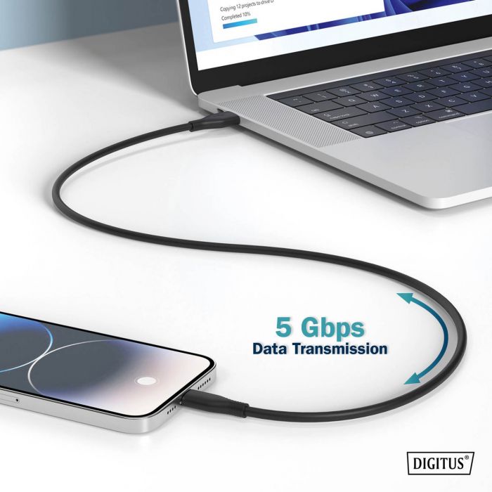 Кабель USB-C заряджання/синхронізації, DIGITUS, 2м, USB 3.2 Gen1, 5G, 100W, 4K, силіконовий, чорний