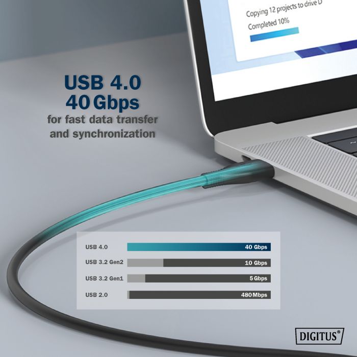 Кабель USB-C заряджання/синхронізації, DIGITUS, 1м, USB 4.0 Gen3, 40G, 240W, 8K, силіконовий, чорний