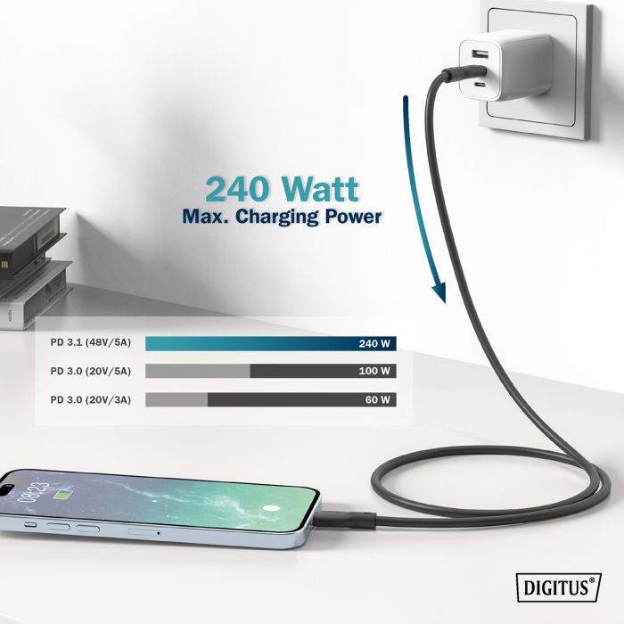 Кабель USB-C заряджання/синхронізації, DIGITUS, 1м, USB 4.0 Gen3, 40G, 240W, 8K, силіконовий, чорний
