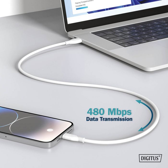 Кабель USB-C > USB-C заряджання/синхронізації, DIGITUS, 2м, USB 2.0, 60W, силіконовий, білий