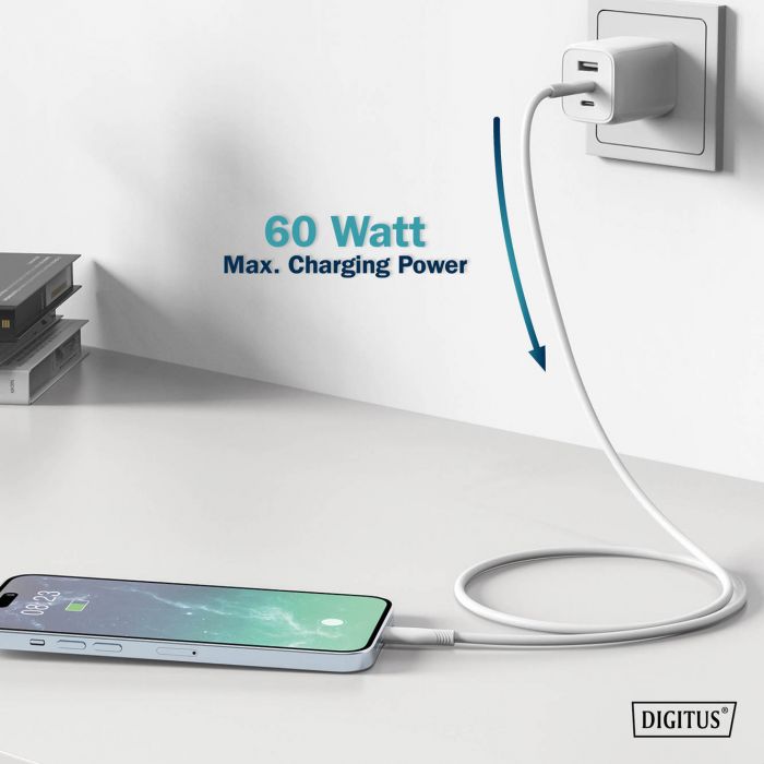 Кабель USB-C > USB-C заряджання/синхронізації, DIGITUS, 2м, USB 2.0, 60W, силіконовий, білий
