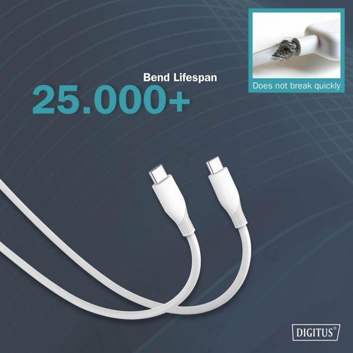 Кабель USB-C > USB-C заряджання/синхронізації, DIGITUS, 2м, USB 2.0, 60W, силіконовий, білий
