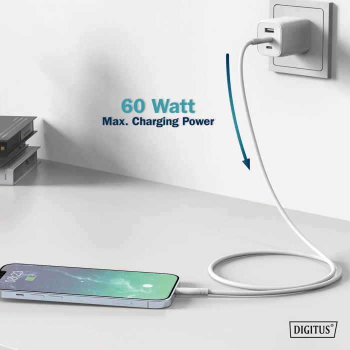 Кабель USB-C > Lightning заряджання/синхронізації, DIGITUS, 2м, USB 2.0, 60W, силіконовий, білий