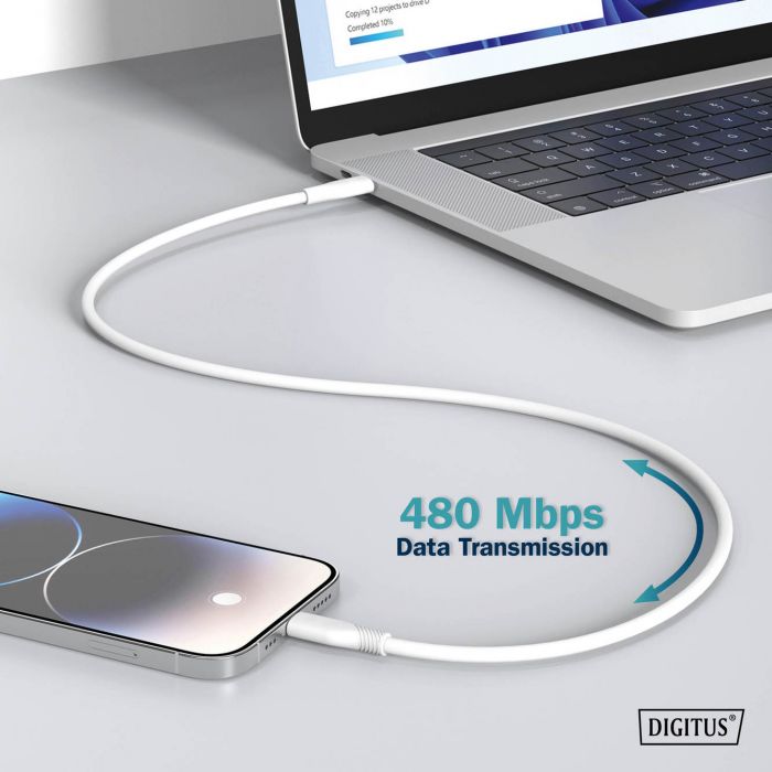 Кабель USB-C > Lightning заряджання/синхронізації, DIGITUS, 2м, USB 2.0, 60W, силіконовий, білий