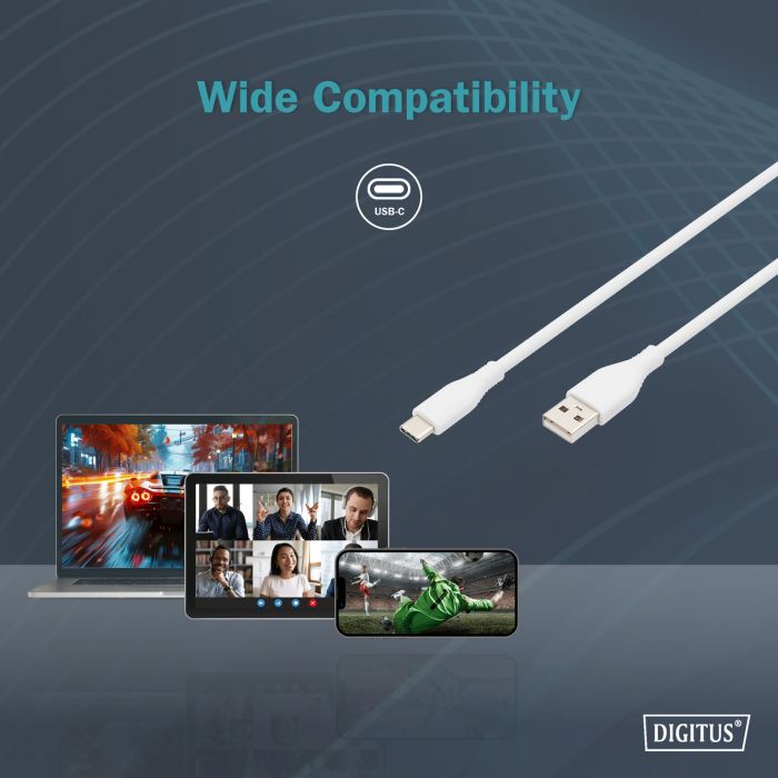 Кабель USB-A > USB-C заряджання/синхронізації, DIGITUS, 1м, USB 2.0, 60W, силіконовий, білий