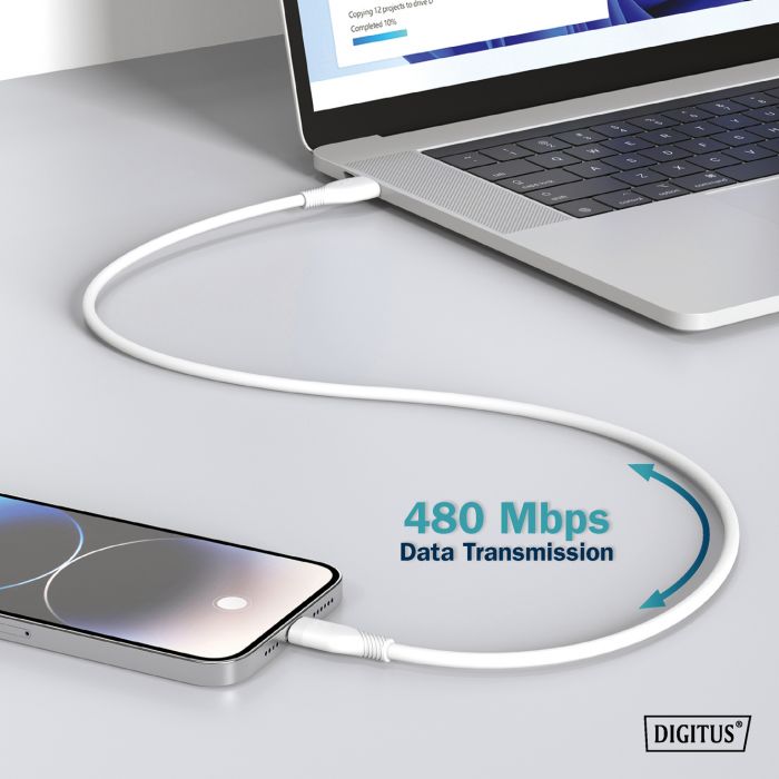 Кабель USB-A > USB-C заряджання/синхронізації, DIGITUS, 1м, USB 2.0, 60W, силіконовий, білий